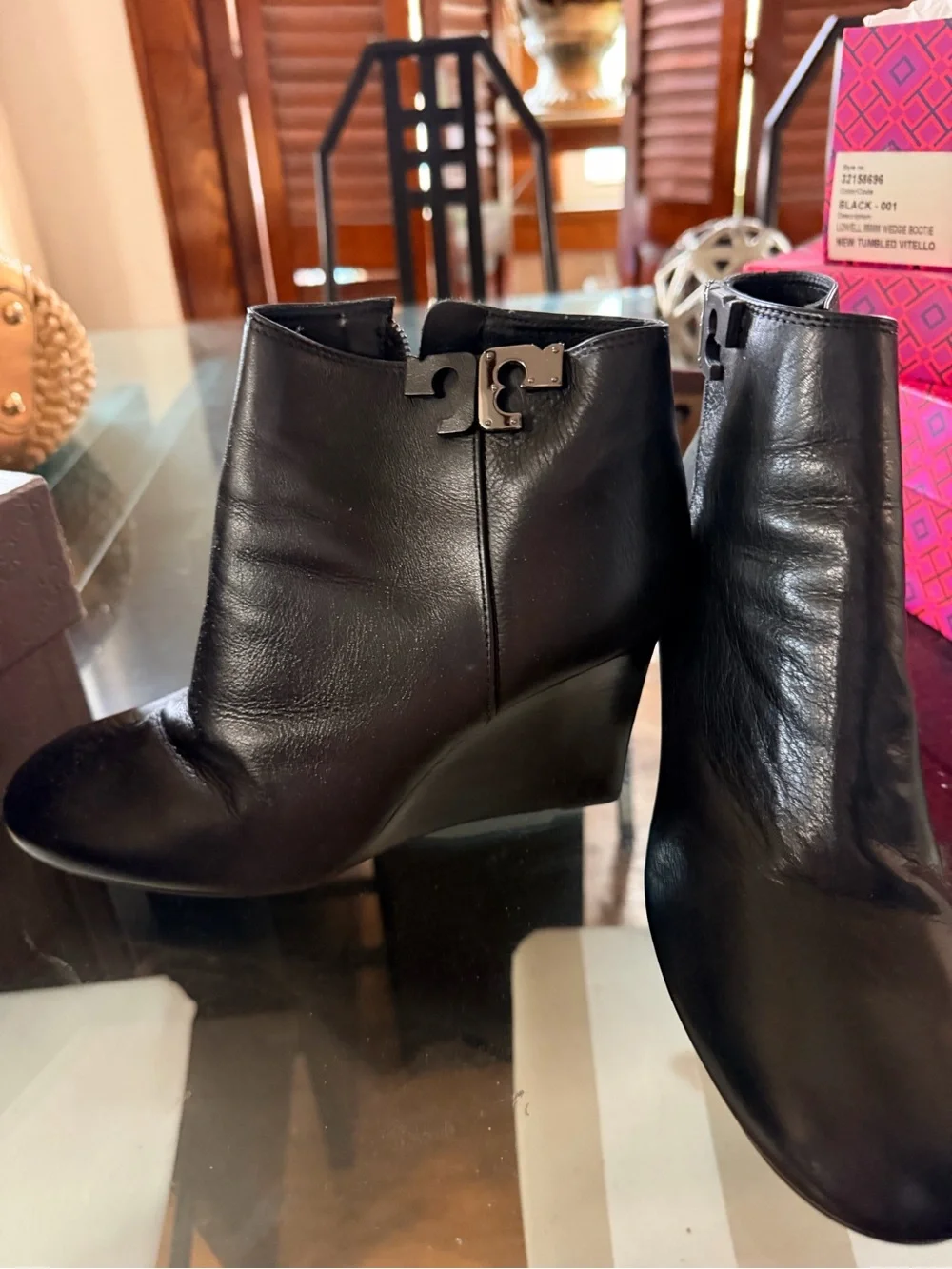 Tory Burch Black Leather Wedge Ankle Boots with Logo Accent